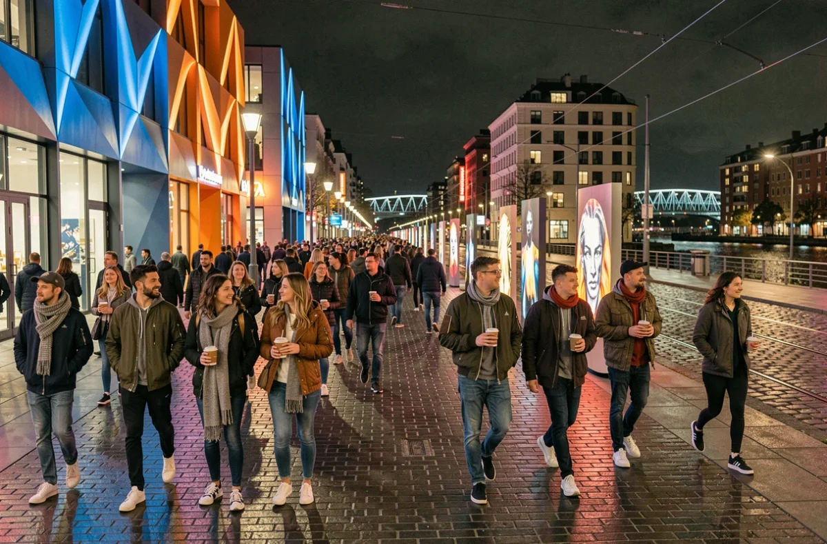 Ambiance nocturne animée sur la promenade piétonne du quartier Confluence à Lyon avec une foule branchée