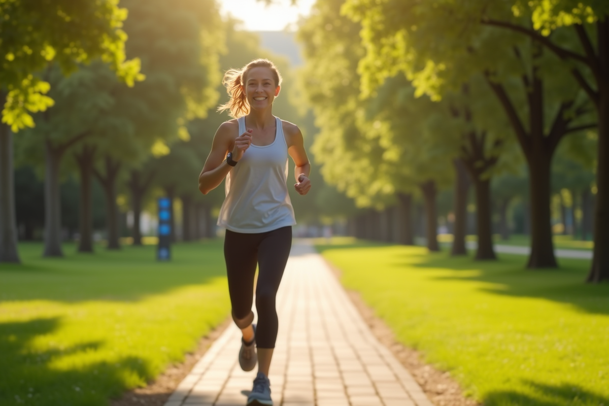 Personne marchant vite dans un parc vert en été avec tracker santé