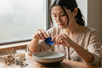 Femme purifiant une pierre bleue de lapis lazuli au-dessus d'un bol d'eau dans un espace intérieur zen