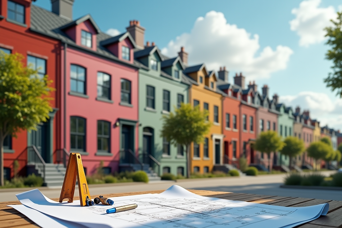 Maisons colorées dans quartier rénové avec plans et panneau
