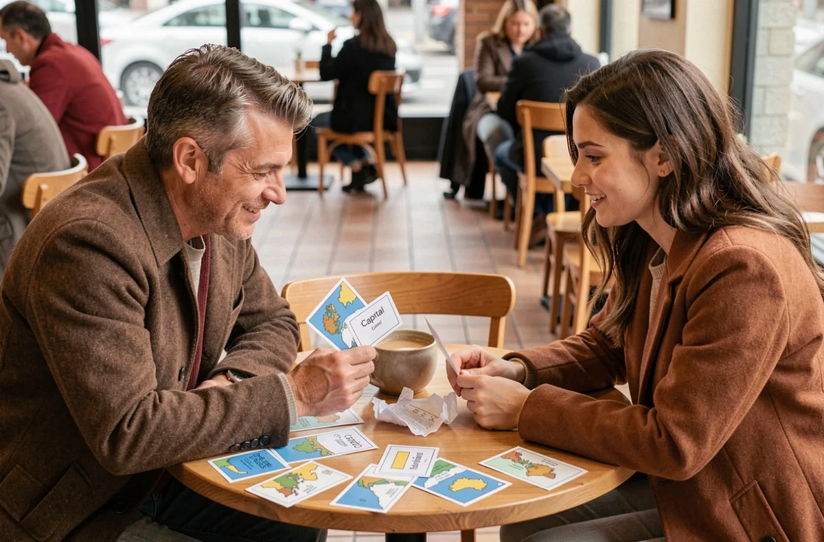 Deux personnes jouant à un quiz de géographie sur les pays et capitales avec des cartes mémoire dans un café