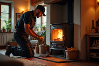 Ramoneur professionnel nettoyant un poêle moderne dans un salon lumineux