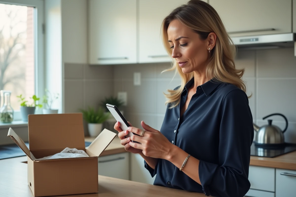 Femme contactant le service client AliExpress après réception d'une commande incorrecte