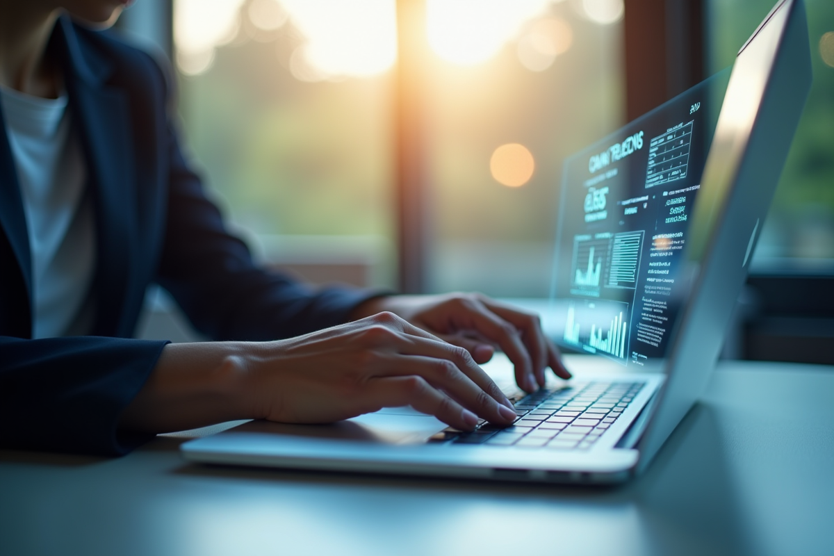 Recruteur utilisant un laptop avec profils et analyses holographiques AI