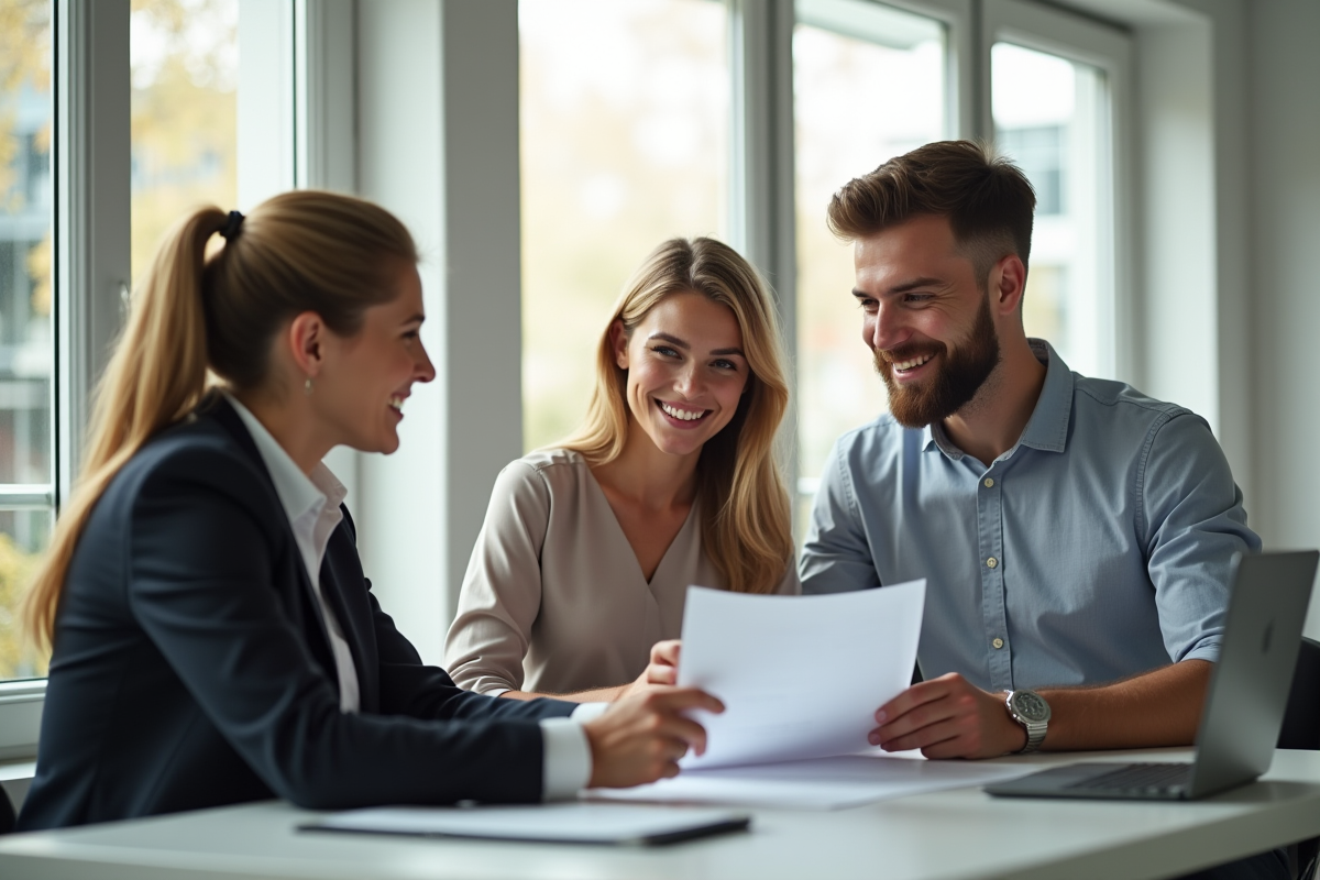 Jeune couple rencontrant un conseiller financier dans un bureau lumineux