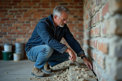 Homme appliquant du mortier sur un vieux mur en pierre intérieur