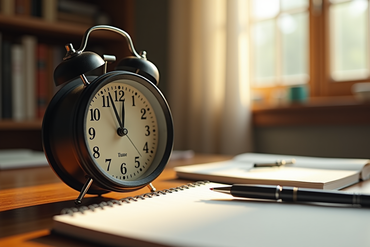 Réveil vintage indiquant deux heures sur un bureau en bois