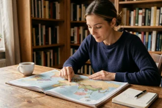 Femme révisant une carte du monde avec atlas et notes manuscrites pour apprendre les pays en Q et leurs capitales