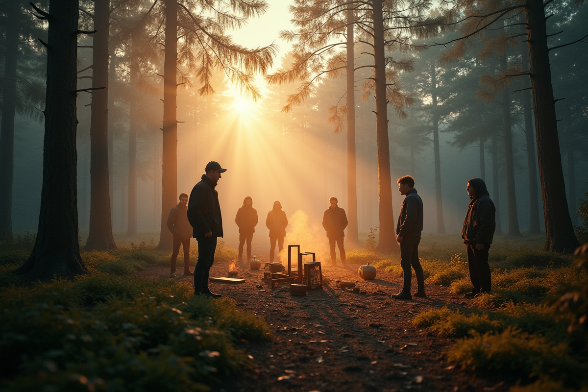 Groupe de personnes observant un rituel dans la forêt au lever du soleil