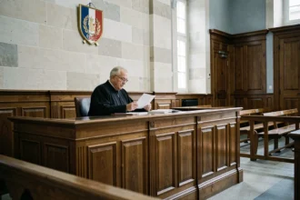 Salle d'audience d'un tribunal correctionnel français avec un magistrat en robe noire examinant un dossier derrière le banc en bois
