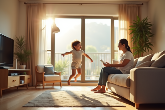 Salon familial spacieux avec enfant sautant sur le canapé