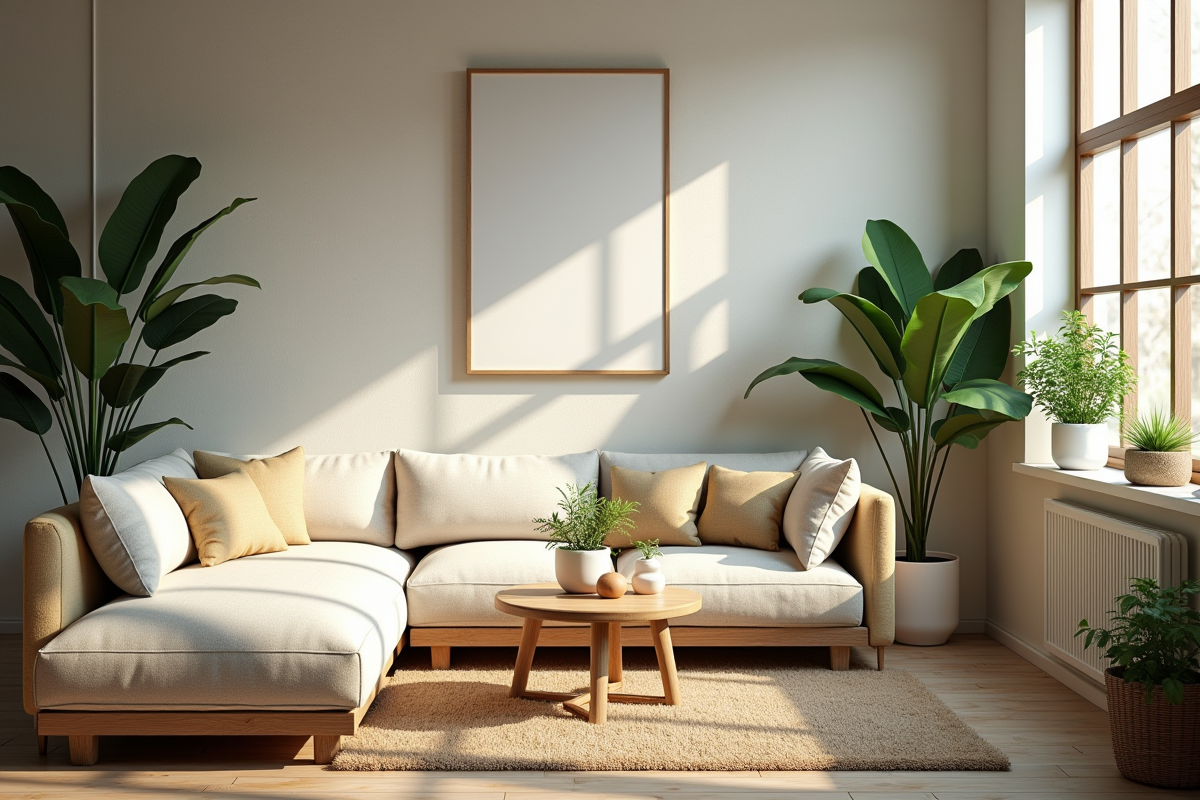Salon lumineux avec meubles confortables et plantes vertes