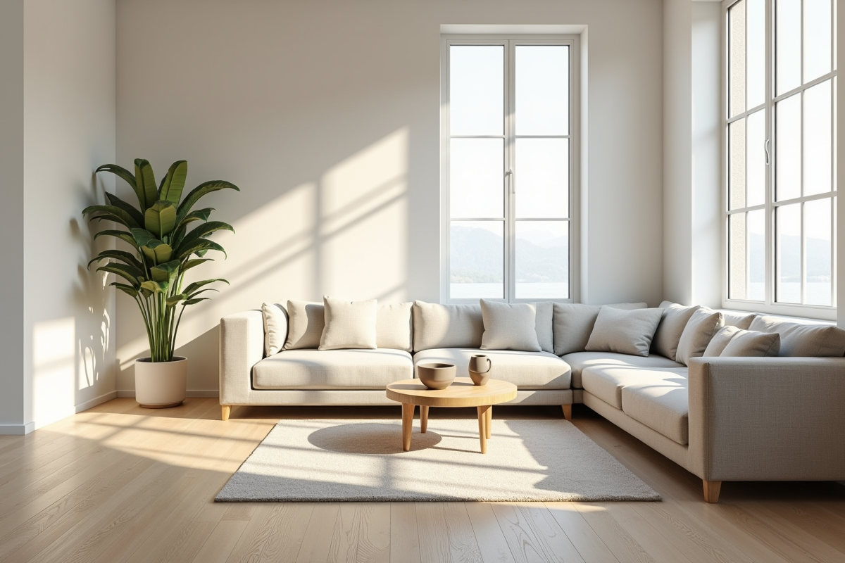 Salon moderne scandinave avec décoration minimaliste et plantes vertes