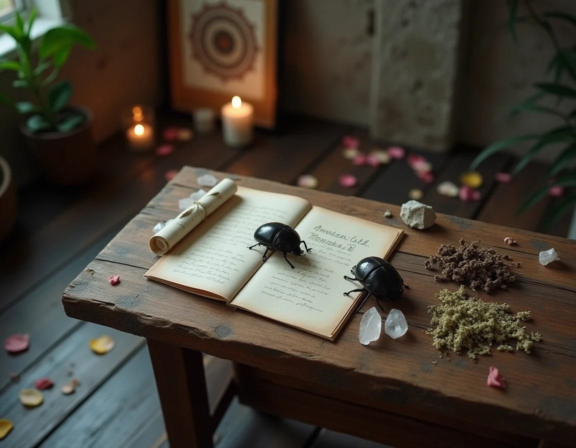 Scarabée solitaire sur un autel spirituel en bois avec cristaux et herbes séchées, évoquant un message des guides