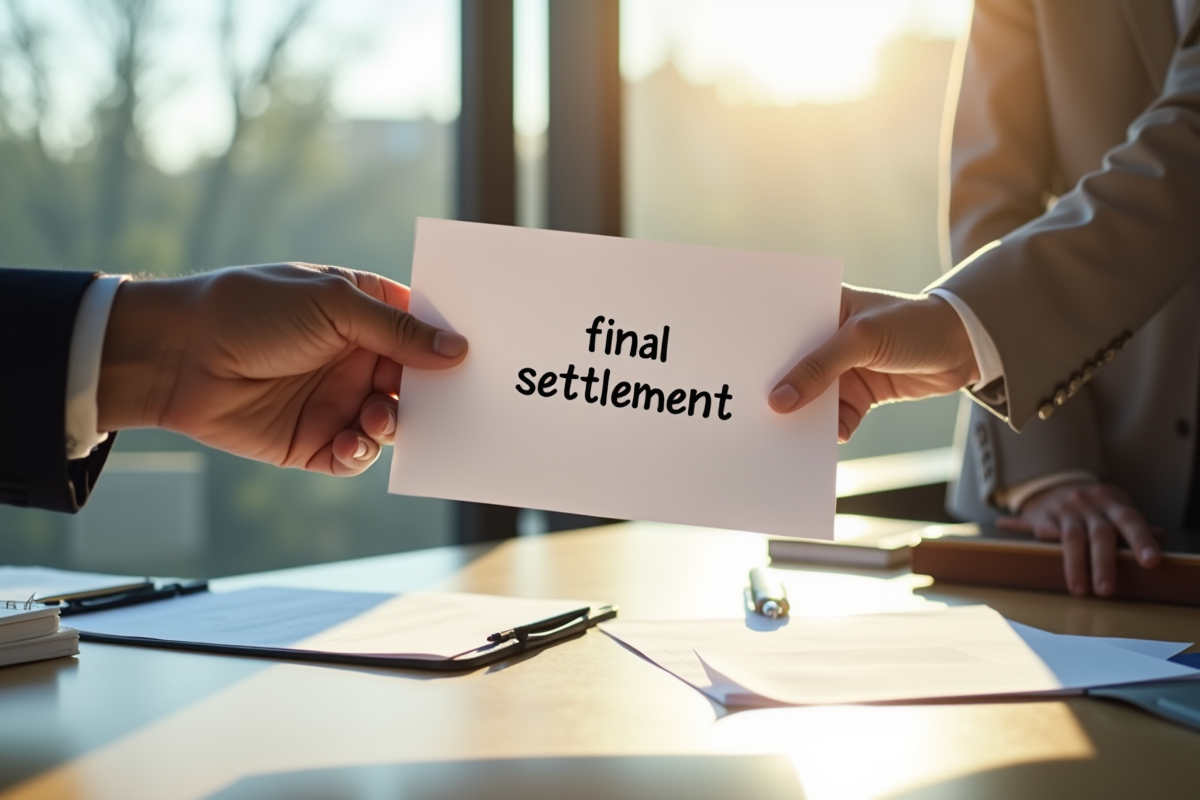 Un professionnel signe un document de règlement final dans un bureau lumineux