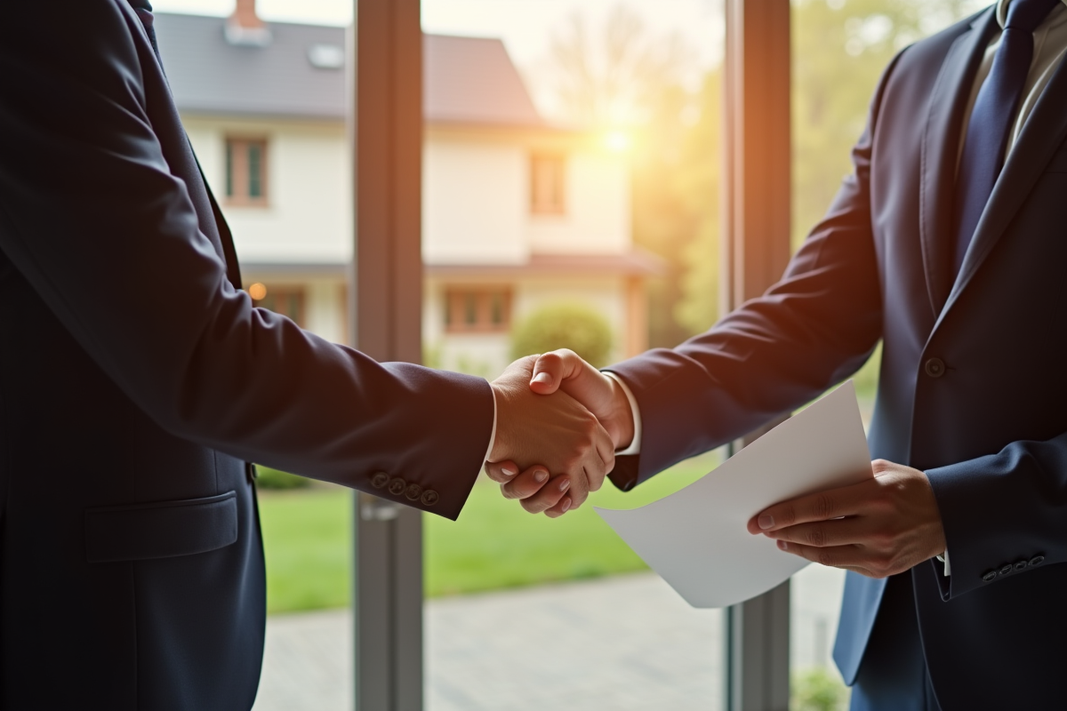 Signature entre banquier et client avec maison en arrière-plan