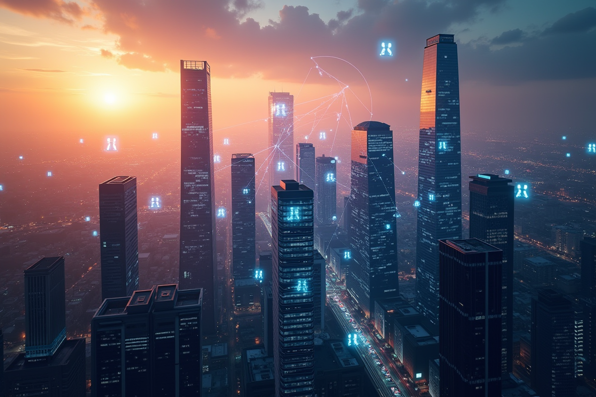 Silhouette d un quartier financier moderne au lever du soleil avec symboles blockchain holographiques