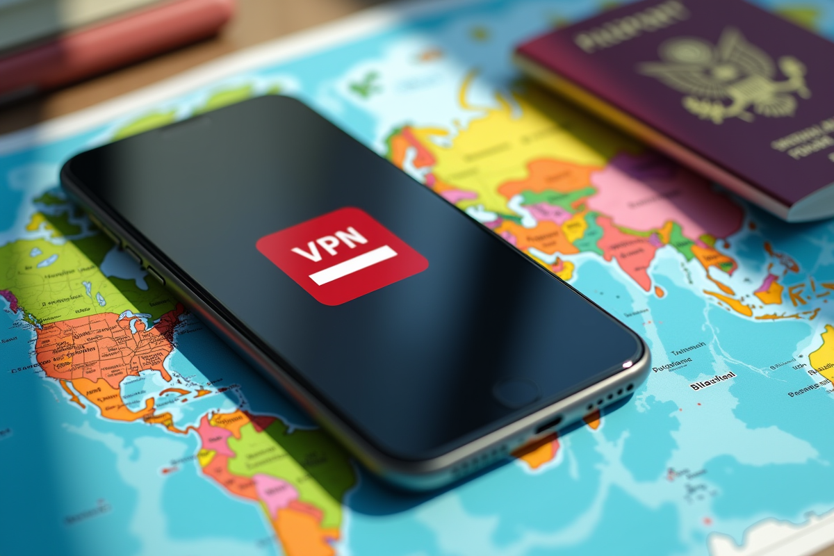 Smartphone avec message VPN bloqué sur une carte du monde