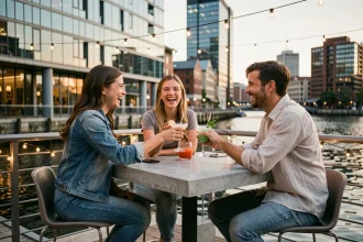 Groupe de jeunes adultes profitant d'une soirée en terrasse branchée au bord de l'eau dans le quartier Confluence à Lyon