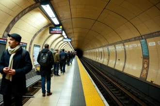 Quai d'une station de la ligne 7 du métro parisien avec des voyageurs attendant le train sous les arches carrelées typiques