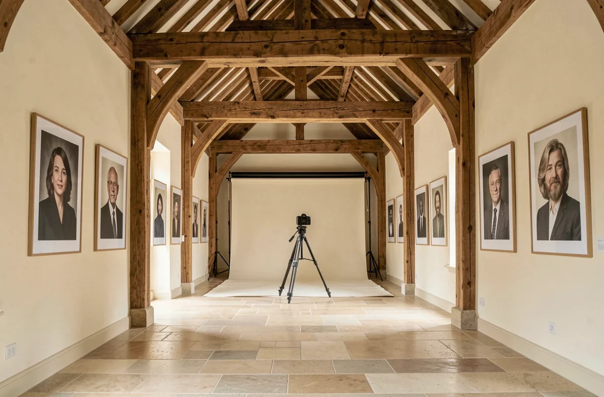 Intérieur du Studio Grand Pont en Normandie avec poutres apparentes, sol en pierre et grands portraits encadrés