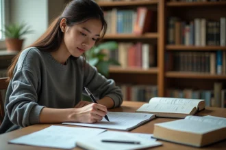 Étudiante en mathématiques écrivant le symbole environ (≈) sur une feuille quadrillée dans une bibliothèque universitaire