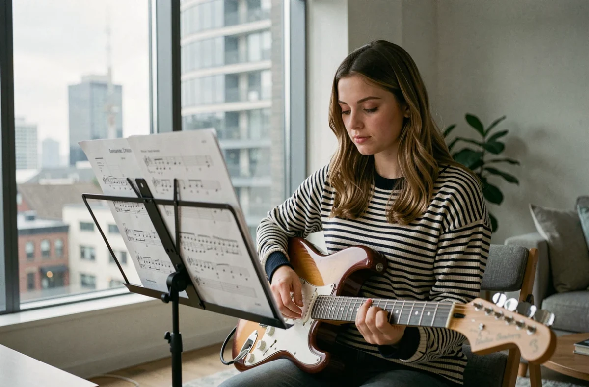 Jeune femme lisant une tablature d'accord D7 sur un pupitre avec une guitare électrique posée sur ses genoux dans un appartement moderne