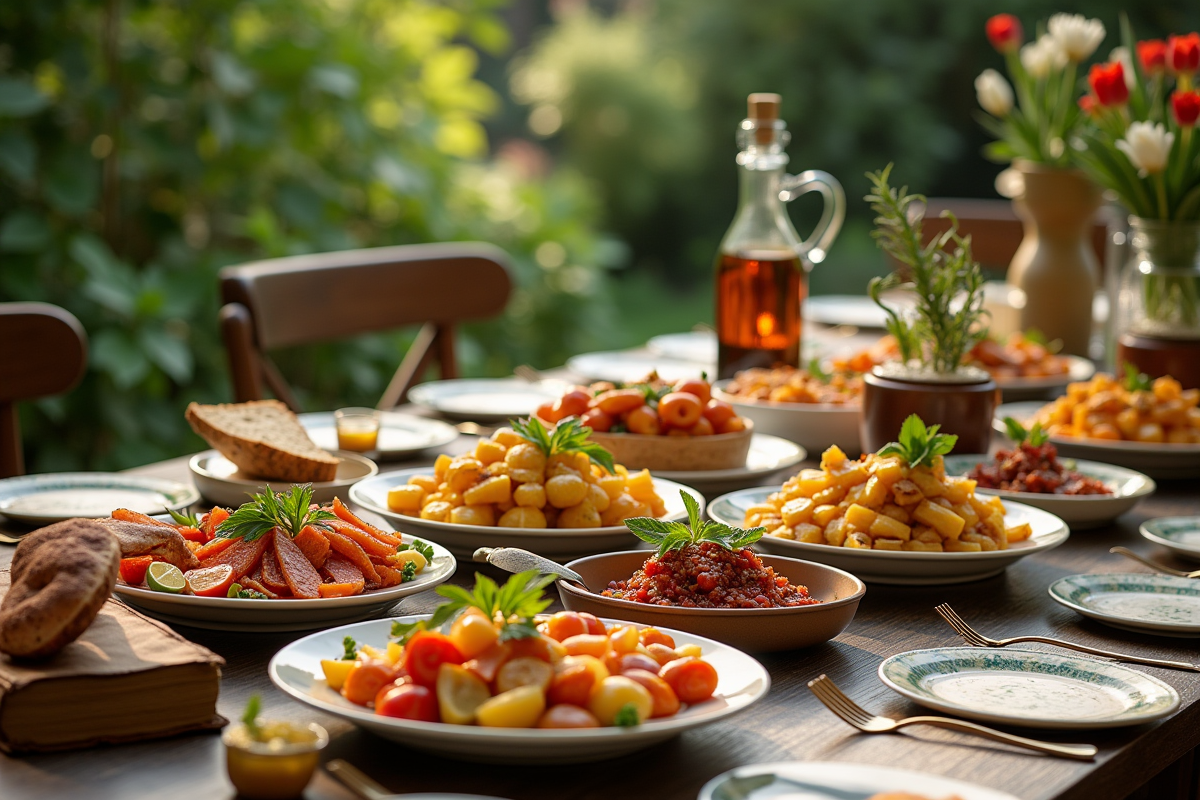 Table de dîner en plein air dans un jardin avec plats colorés