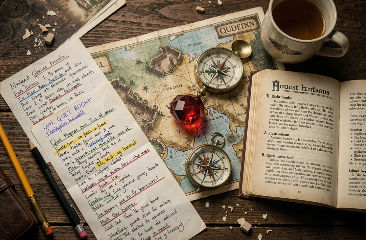 Vue aérienne d'une table de planification avec cartes de quête, notes de route et artefact rouge pour le Dofus Pourpre