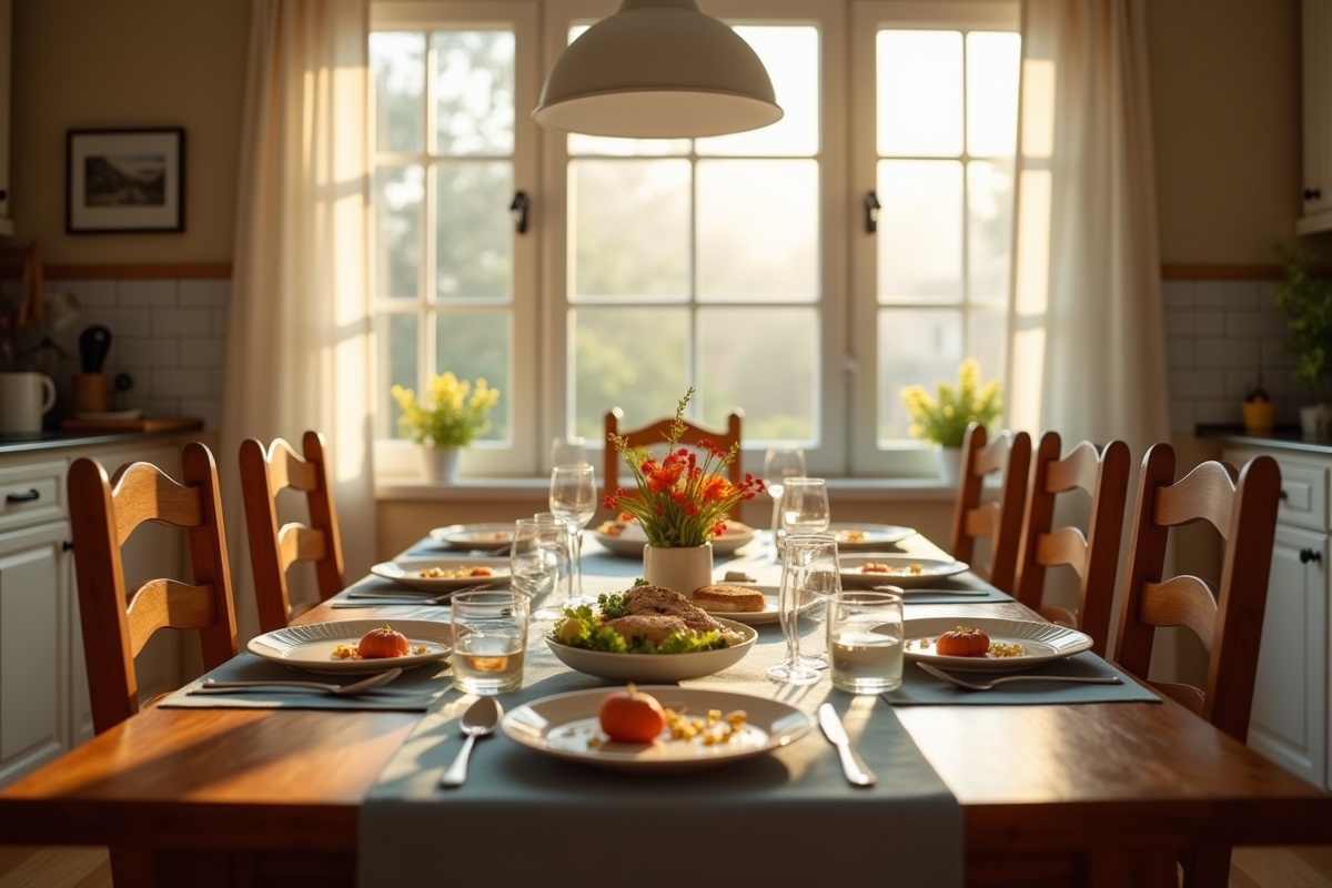 Table de repas avec nourriture inachevee et places vides