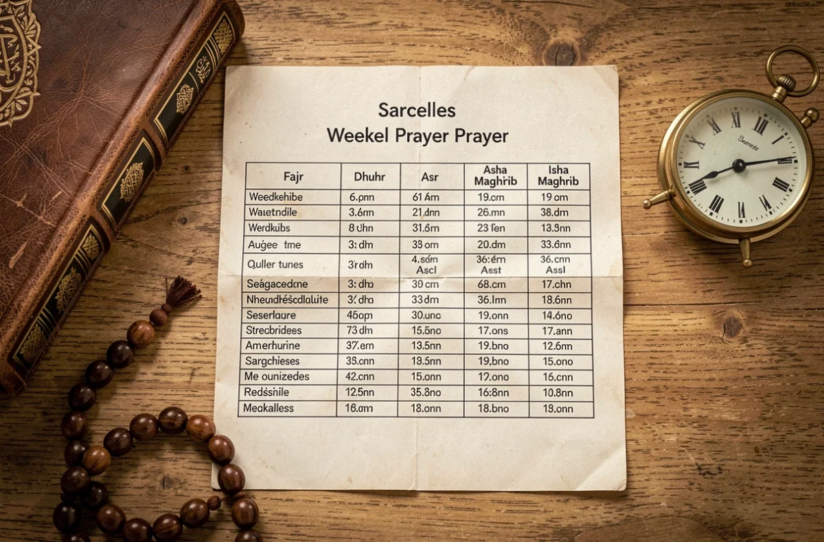 Tableau complet des heures de prière pour Sarcelles posé sur un bureau avec un Coran et des chapelets