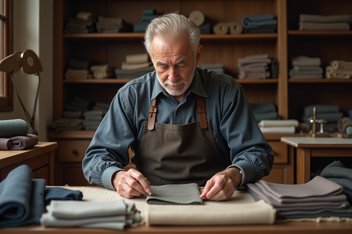 Tailleur âgé examinant un échantillon de laine dans son atelier