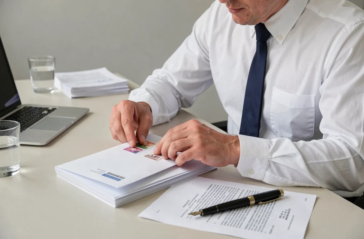 Homme d'affaires apposant des timbres sur une enveloppe contenant des documents contractuels importants à son bureau
