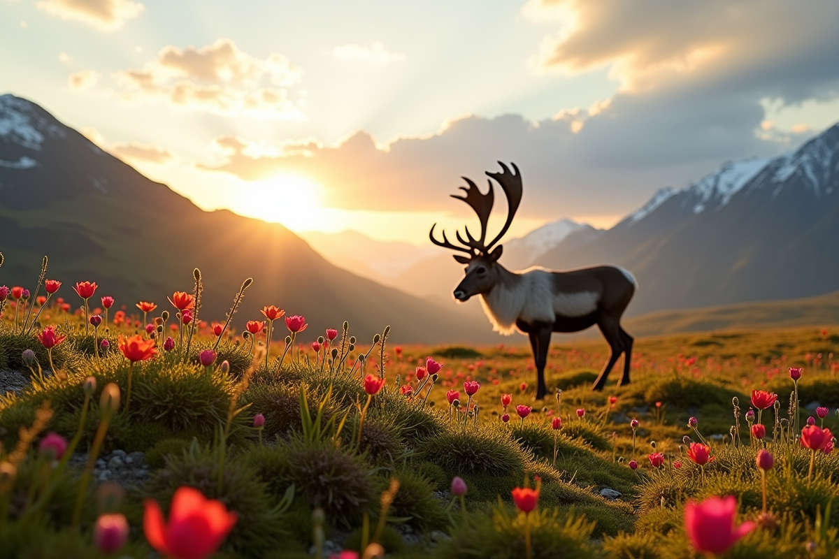 Fleurs sauvages dans la toundra arctique avec un caribou