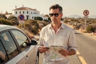 Touriste tenant une contravention routière près d'une voiture de location sur une route côtière espagnole