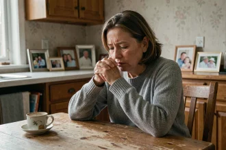 Femme seule à une table familiale exprimant la blessure d'une trahison par un proche