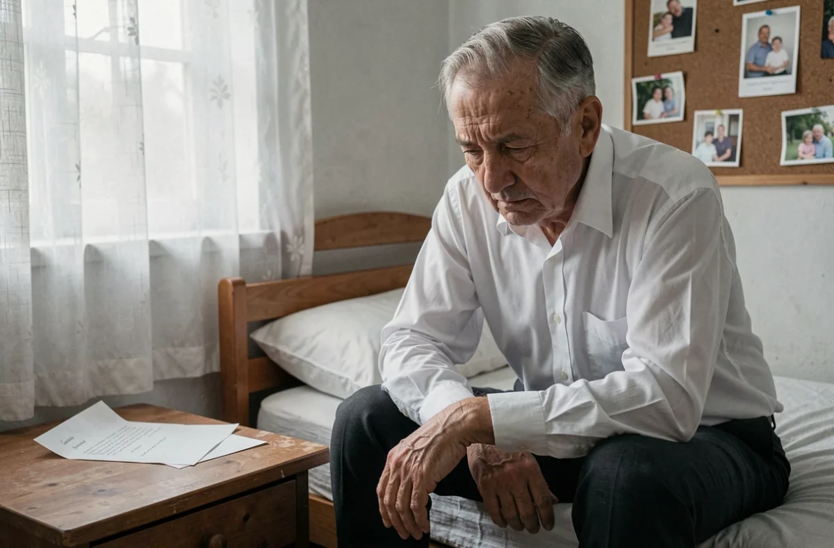 Homme âgé seul dans une chambre tenant une lettre évoquant la trahison d'un membre de sa famille