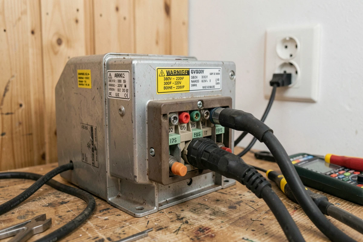 Transformateur abaisseur 380V vers 220V branché sur établi avec prise domestique européenne en arrière-plan