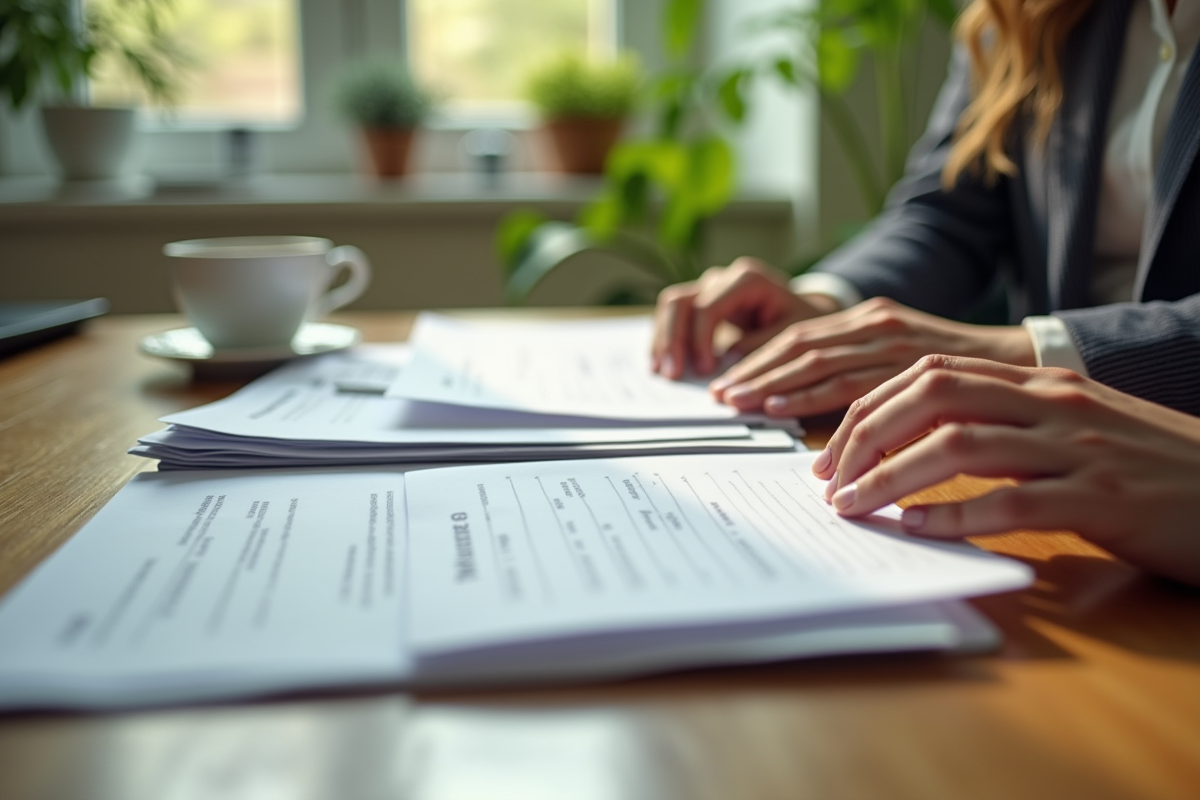 Mains triant des reçus et factures sur un bureau en matinée