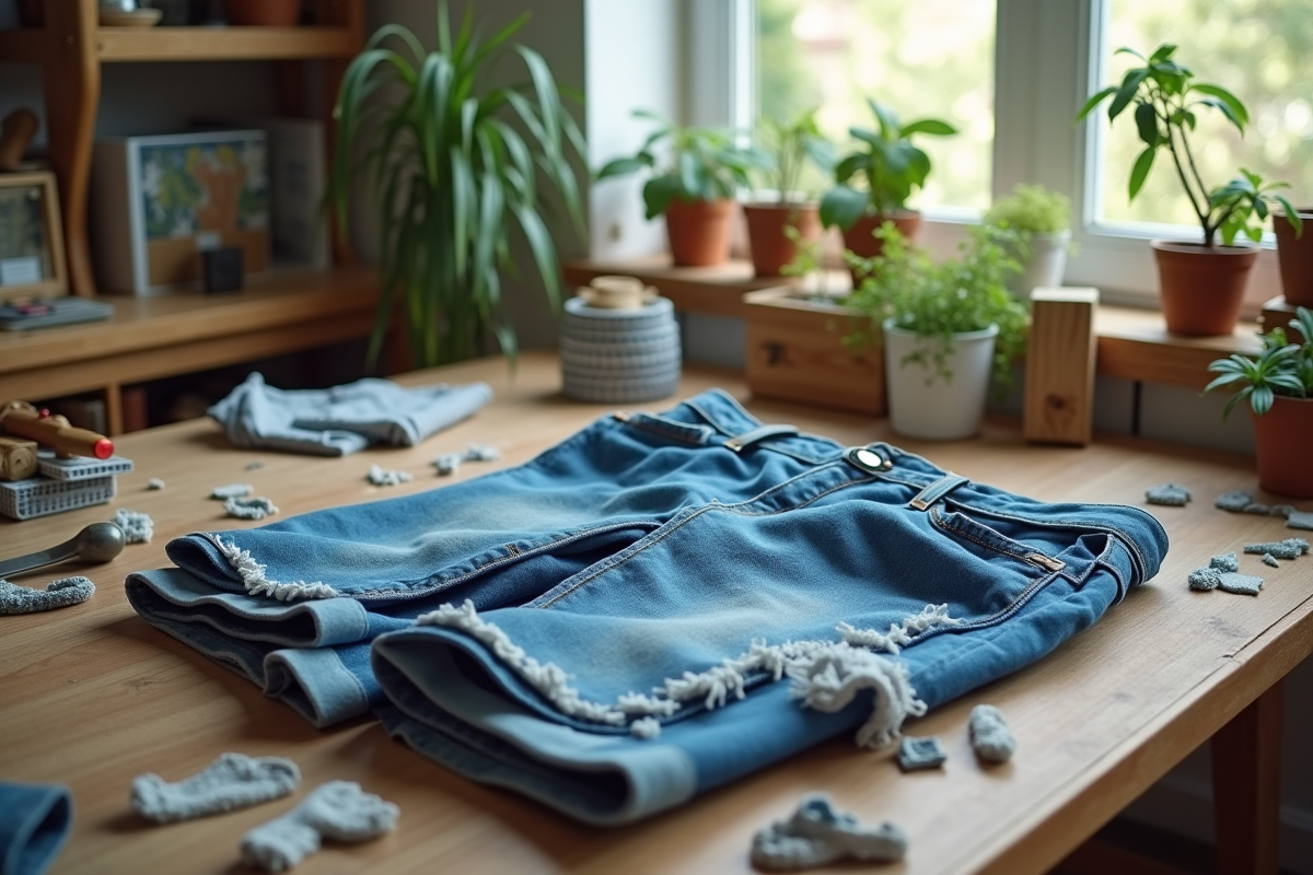 Jeans recyclés sur une table avec outils de couture et plantes