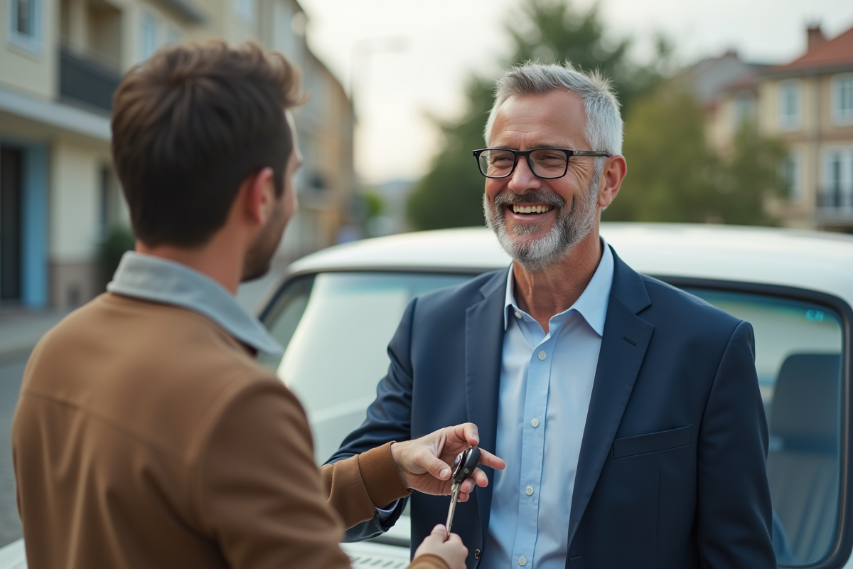 Vendeur de voitures remettant les clés à un homme souriant devant une voiture d'occasion