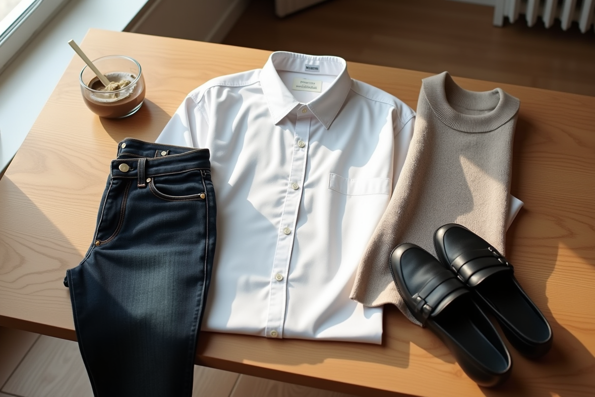 Vêtements basiques minimalistes sur table en bois