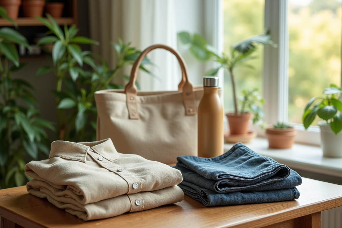 Vêtements durables comme chemises en chanvre et jeans bio sur une table