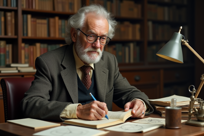 Scientifique age assis dans une bibliothèque ancienne