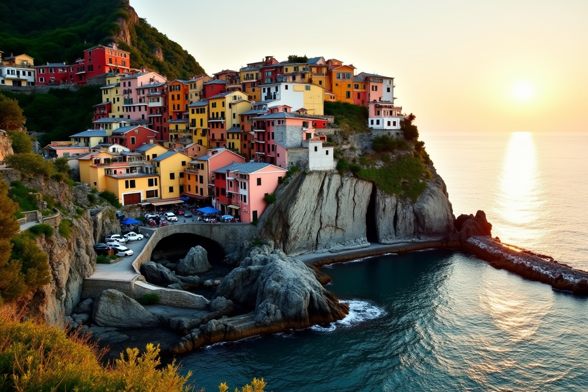 Village côtier coloré avec maisons et mer au coucher du soleil