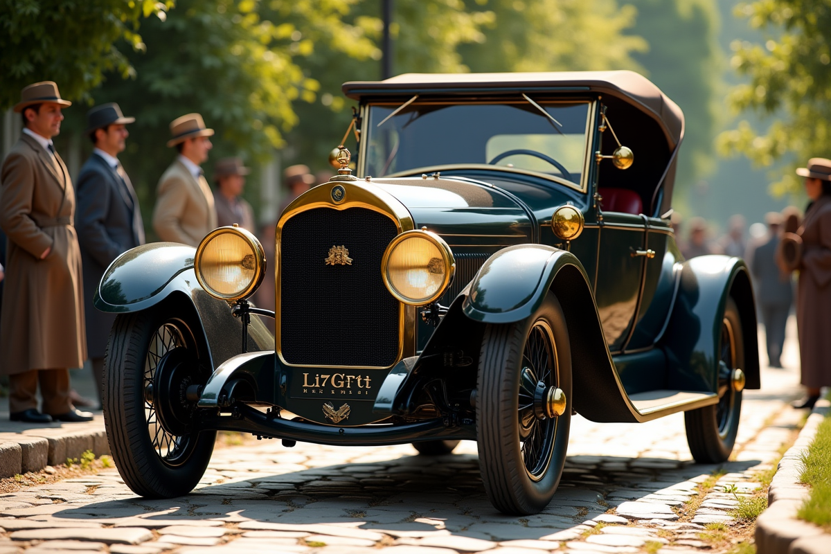 Voiture ancienne neuve sur une rue pavée avec spectateurs